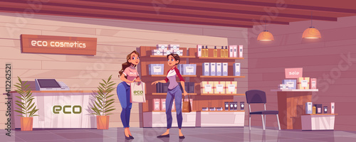 Woman in eco cosmetics store, assistant offer makeup or skincare production to customer in beauty goods shop. Saleswoman stand at showcase with cosmetic bottles on shelves. cartoon vector illustration