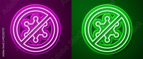 Glowing neon line Protest icon isolated on purple and green background. Meeting, protester, picket, speech, banner, protest placard, petition, leader, leaflet. Vector.