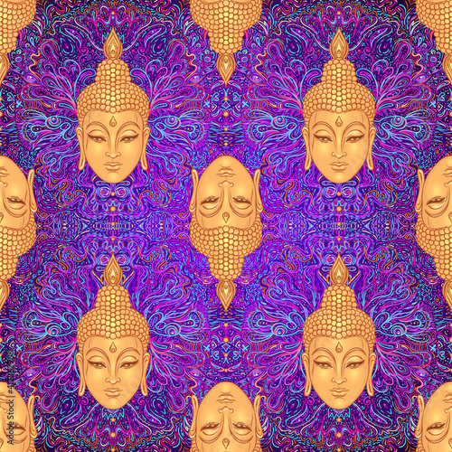 Sitting Buddha over colorful neon background. Seamless pattern. Vector illustration. Psychedelic mushroom composition. Indian, Buddhism, Spiritual Tattoo, yoga, spirituality. 60s hippie colorful art.