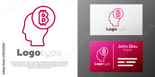 Logotype line Bitcoin think icon isolated on white background. Cryptocurrency head. Blockchain technology, digital money market, cryptocoin wallet. Logo design template element. Vector.