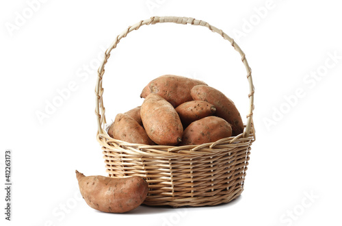 Composition with sweet potatoes on white background, top view