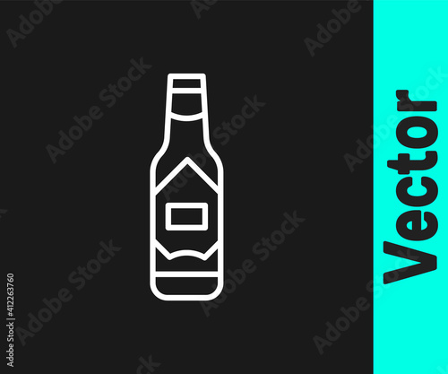 White line Tabasco sauce icon isolated on black background. Chili cayenne spicy pepper sauce. Vector.