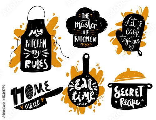 Hand written vector cooking lettering set on white background. Vector cooking lettering set with kitchenware silhouette. Design concept for cooking classes, courses, food studio, cafe, restaurant.