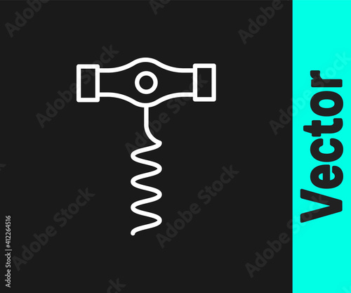 White line Wine corkscrew icon isolated on black background. Vector.