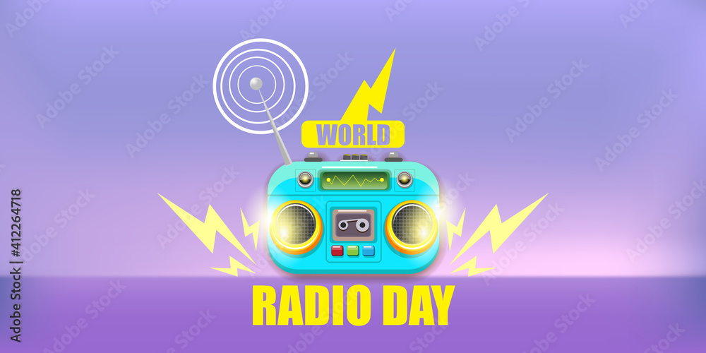 World radio day horizontal banner with vintage old orange cassette stereo player isolated on violet background. Cartoon funky hipster Radio day banner or poster