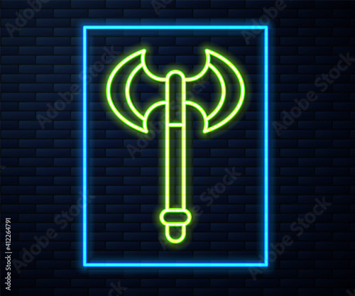 Glowing neon line Medieval axe icon isolated on brick wall background. Battle axe, executioner axe. Medieval weapon. Vector.