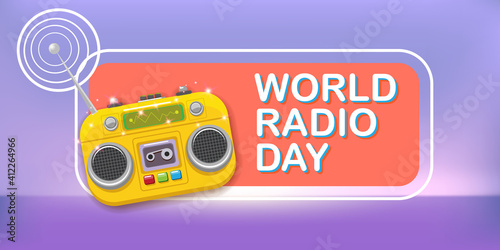 World radio day horizontal banner with vintage old orange cassette stereo player isolated on violet background. Cartoon funky hipster Radio day banner or poster