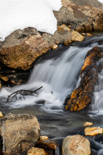 a mountain creek in the spring with water of melting snow  long exposure water photography