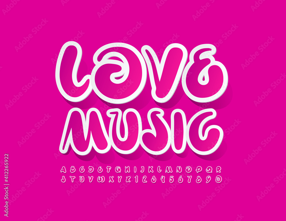 Vector bright poster Love Music. Artistic bright Font. Handwritten Alphabet Letters and Numbers set