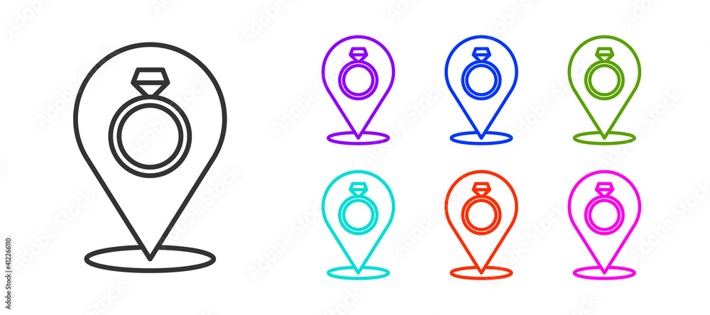 Black line Wedding rings icon isolated on white background. Bride and groom jewelry sign. Marriage symbol. Diamond ring. Set icons colorful. Vector. Black line Wedding rings icon isolated on white background. Bride and groom jewelry sign. Marriage symbol. Diamond ring. Set icons colorful. Vector.