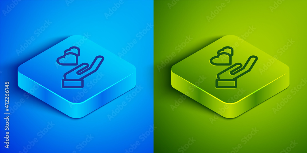 Isometric line Heart in hand icon isolated on blue and green background. Hand giving love symbol. Valentines day symbol. Square button. Vector. Isometric line Heart in hand icon isolated on blue and green background. Hand giving love symbol. Valentines day symbol. Square button. Vector.