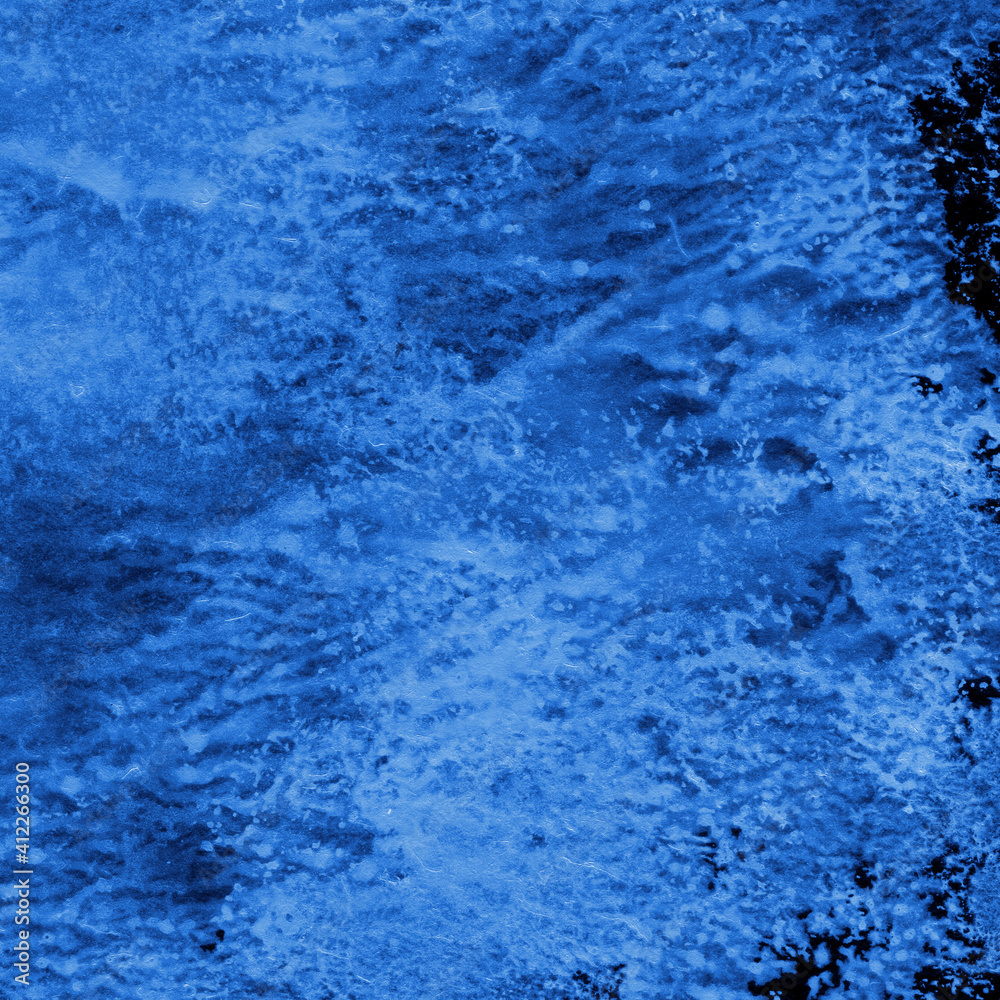 Fototapeta premium Blue ink and watercolor frost texture on white paper background. Paint leaks and decalcomania effects. Hand-painted gouache abstract image. Mess on the canvas.