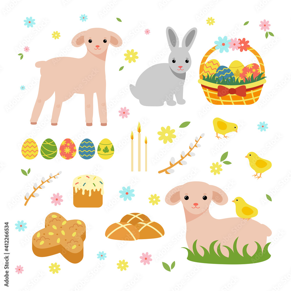 Easter spring set. Cute sheep, bunnies, eggs, willow, cakes