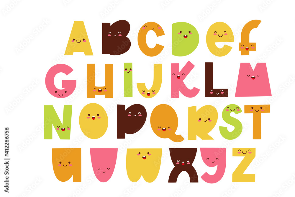 Children font in the cartoon style. Funny letters with cute faces. Colorful typography. Vector alphabet.