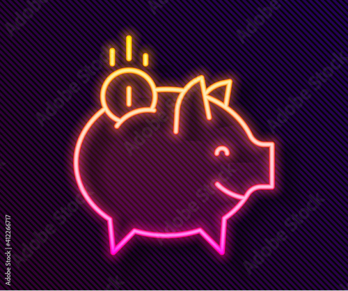 Glowing neon line Piggy bank with coin icon isolated on black background. Icon saving or accumulation of money, investment. Vector.