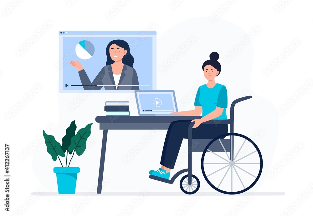 A woman in the wheelchair watches video lessons. Online education, e-learning, studying at home. Vector flat illustration. A woman in the wheelchair watches video lessons. Online education, e-learning, studying at home. Vector flat illustration.