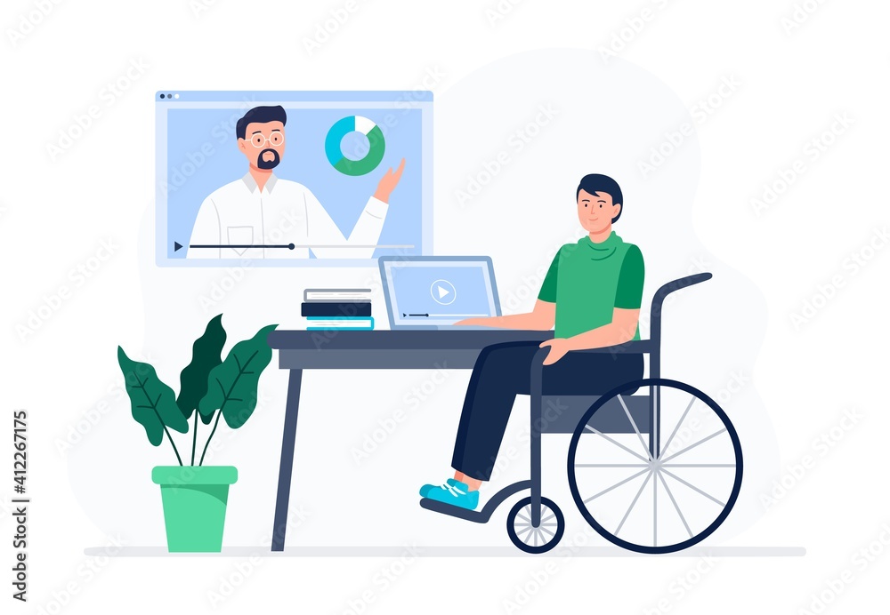 A man in the wheelchair watches video lessons. Online education, e-learning, studying at home. Vector flat illustration. A man in the wheelchair watches video lessons. Online education, e-learning, studying at home. Vector flat illustration.