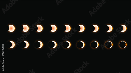 Set Collection Phases Of A Solar And Lunar Eclipse On Dark Background Sun