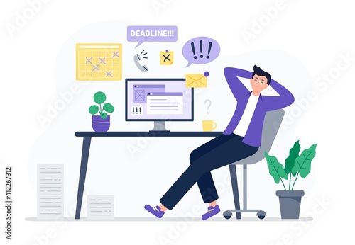 Exhausted worker sleep behind his desk. Procrastination, working at home, telework, freelance. Vector flat illustration.