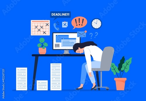 Exhausted woman sleep behind his desk. Burnout at work, working at home, telework, freelance. Vector flat illustration.
