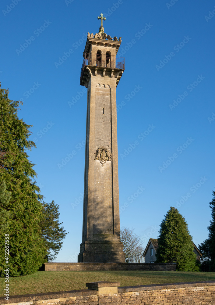 The Somerset Monument in Hawkesbury Upton, Gloucestershire, England. Built in 1846 to commemorate Lord Robert Edward Somerset.