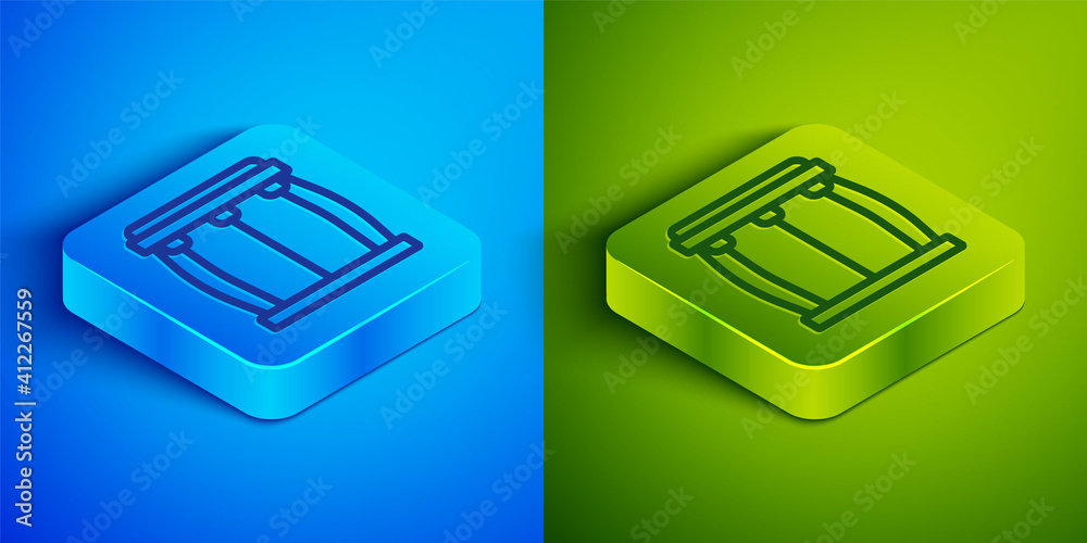 Isometric line Drum icon isolated on blue and green background. Music sign. Musical instrument symbol. Square button. Vector. Isometric line Drum icon isolated on blue and green background. Music sign. Musical instrument symbol. Square button. Vector.