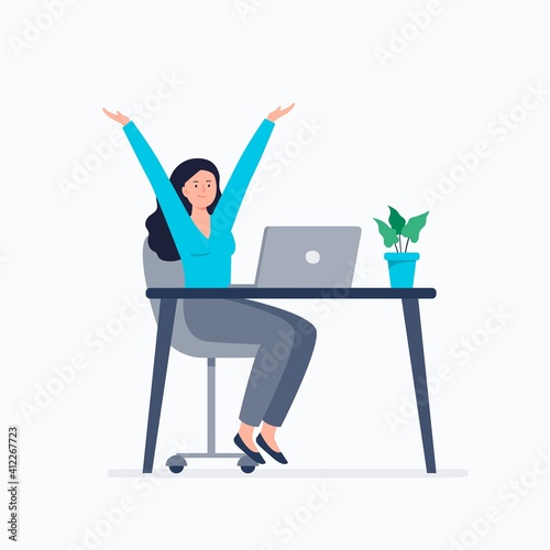 Happy businesswoman at work. Productivity at work, working at home or office, telework, freelance. Vector flat illustration.