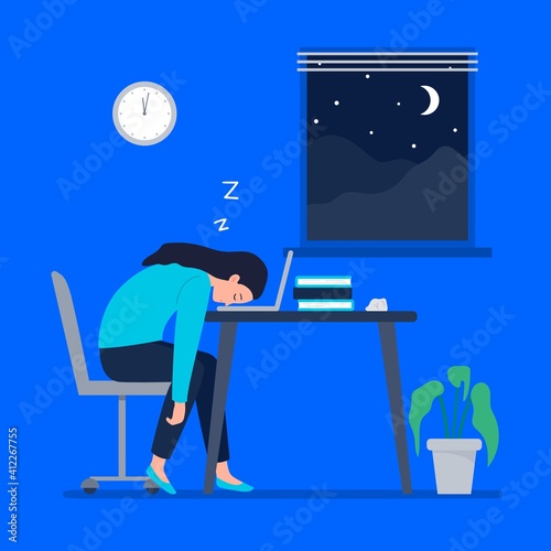 A tired woman works at night. Working at home, telework, freelance. Vector flat illustration.