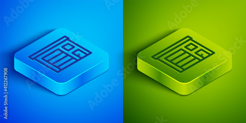 Isometric line Building of fire station icon isolated on blue and green background. Fire department building. Square button. Vector.
