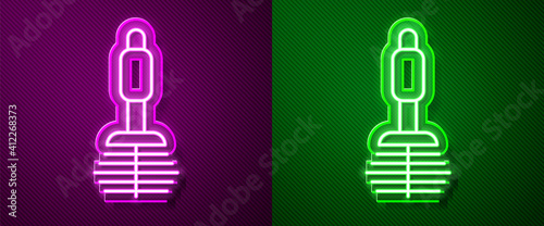 Glowing neon line Toilet brush icon isolated on purple and green background. Vector.