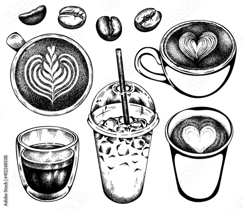 Sketch set of cups with coffee isolated on white background. Espresso, cappuccino, latte, iced coffee, coffee beans. Vintage, retro style food. Vector illustration. Ink drawing drinks.