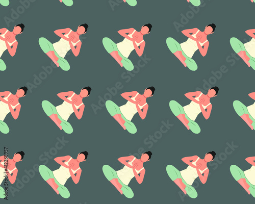 Yoga lotus pose seamless pattern. A young girl is doing yoga. Design for wrapping paper, wallpaper, fabric, textile