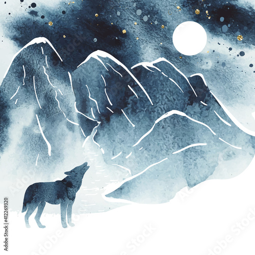 Watercolor vector oriental landscape in blue and white colors. Sketch of a mountains, river and spruces under night sky with moon. Hand drawn illustration