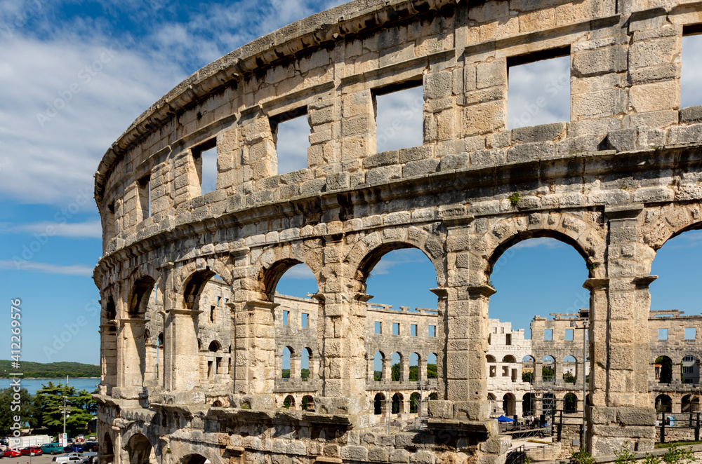 Detail of the Amphitheater in Pula, Croatia, an arena built in 27 BC during the Roman Empire rule