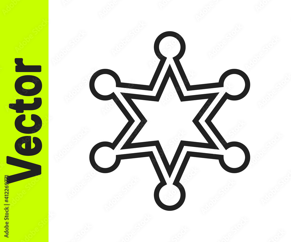 Black line Hexagram sheriff icon isolated on white background. Police badge icon. Vector.