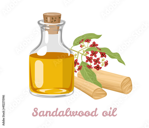 Sandalwood oil in glass bottle, wooden stick and flower isolated on white background. Vector illustration of essential oil in cartoon flat style.
