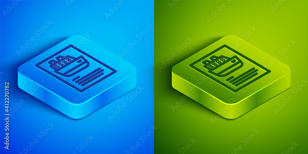 Isometric line Cruise ship icon isolated on blue and green background. Travel tourism nautical transport. Voyage passenger ship, cruise liner. Worldwide cruise. Square button. Vector. Isometric line Cruise ship icon isolated on blue and green background. Travel tourism nautical transport. Voyage passenger ship, cruise liner. Worldwide cruise. Square button. Vector.