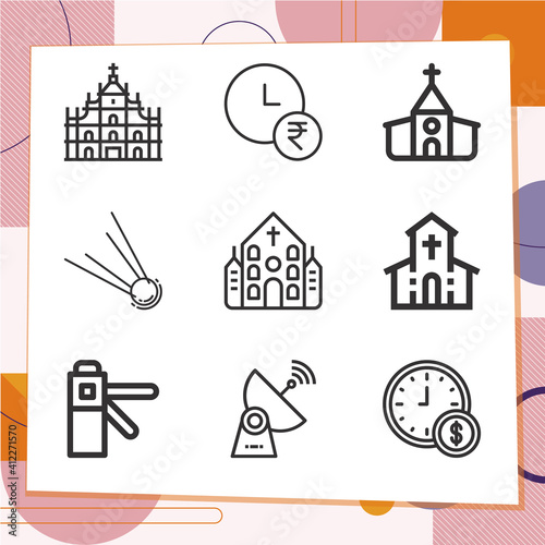 Simple set of 9 icons related to tower