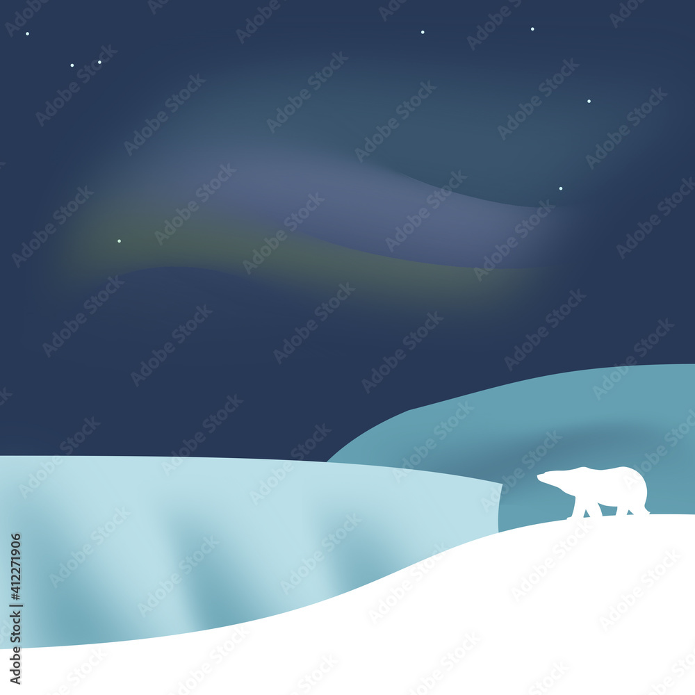 Illustration. A polar bear. Northern lights. Lots of snow. Starry sky.