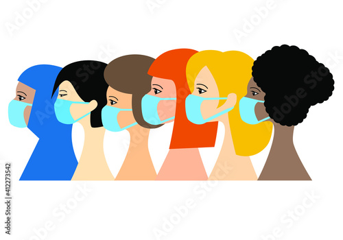 Portraits of a group of 6 women representing the continents of the world wearing medical face mask.  Multi-ethnic diversity nurse concept. EPS 10 vector illustration isolated on white background. 