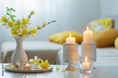 spring flowers in vase on modern interior