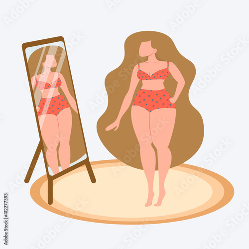 Woman admires herself in front of the mirror, self-love. A woman in a lingerie or a swimsuit. Woman in front of the mirror. Vector illustration