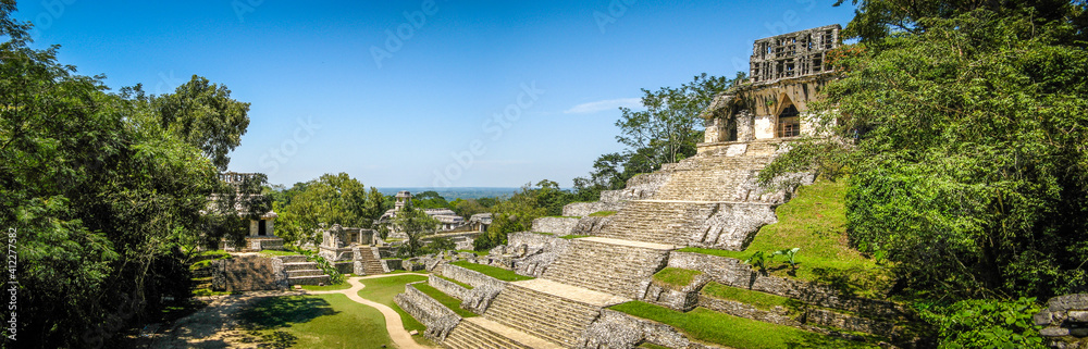 temple ruins in the jungle in the ancient Maya City of Palenque, Mexico temple ruins in the jungle in the ancient Maya City of Palenque, Mexico