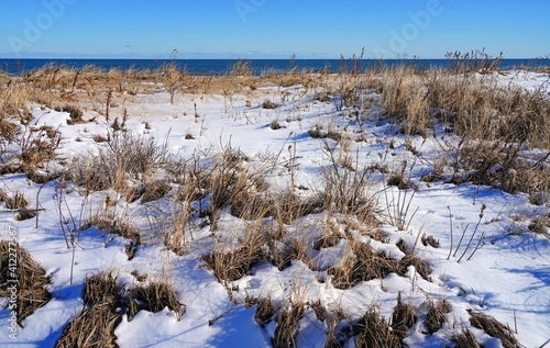 Snow on the beach on the New Jersey Shore after a winter storm