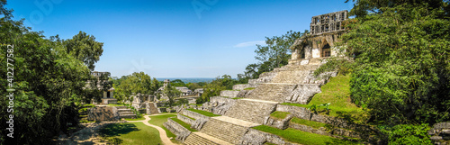 temple ruins in the jungle in the ancient Maya City of Palenque, Mexico