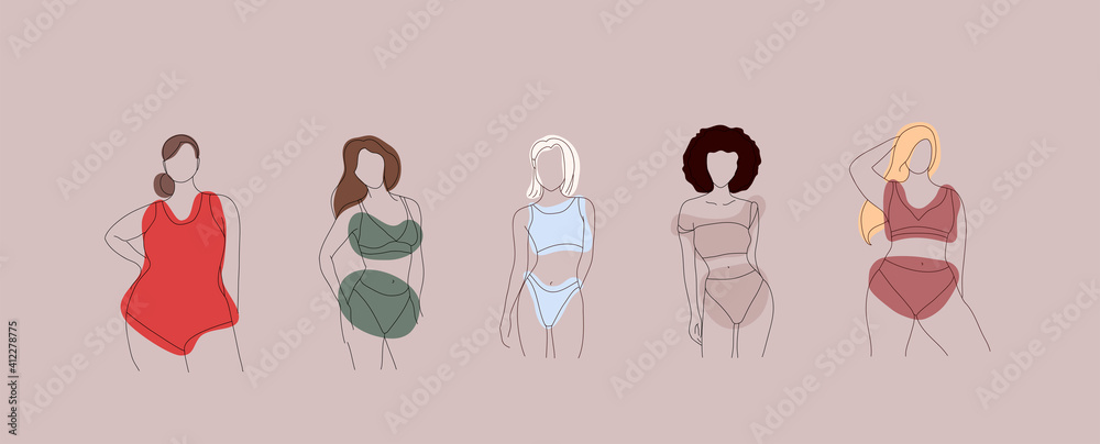 Fototapeta premium Vector set of women in line art style with abstract shapes