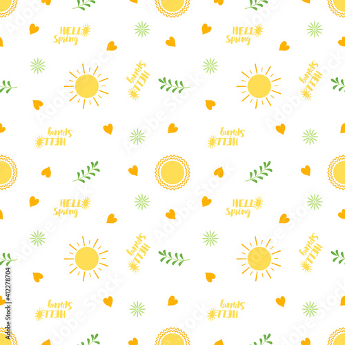 Seamless spring and summer pattern with yellow sun and hearts