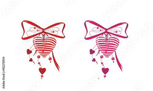 Vector red and pink hearts with a ribbon and beads. 