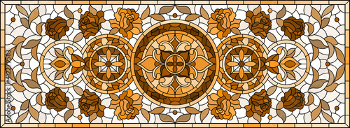 Illustration in stained glass style with abstract flowers, swirls and leaves  on a light background,vertical orientation, tone brown