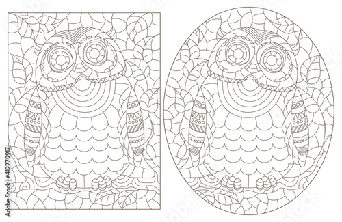 Set of contour illustrations in stained glass style with abstract owls on tree branches, dark outlines on a white background